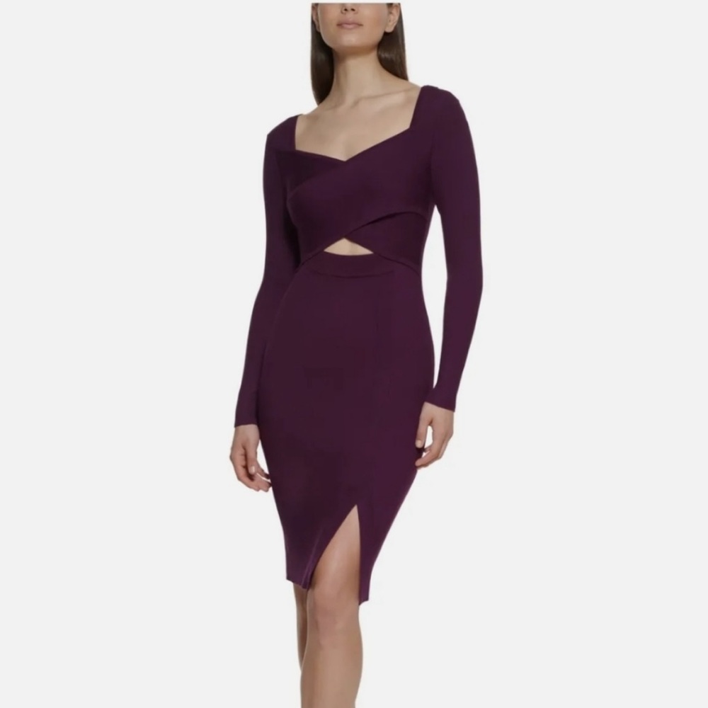 597 GUESS Womens Purple Ribbed Long Sleeve Knee Length Body Dress XL
